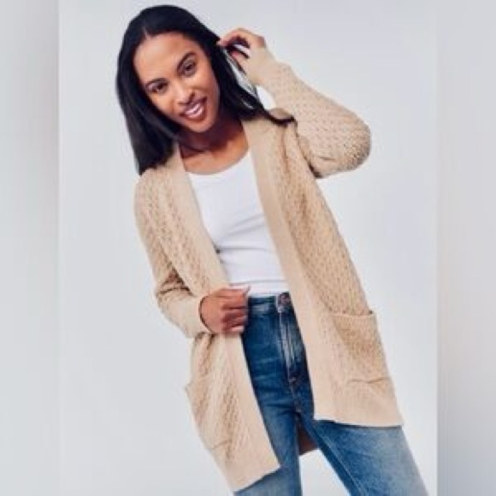 Pact Organic Cotton Crochet Knit Cardigan Tan M/L Minimalist coastal sustainable